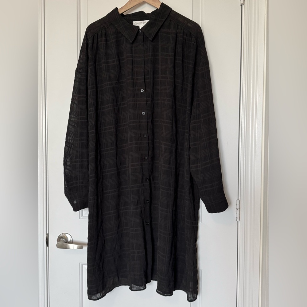 NWT Addition Elle Black Textured Plaid Checkered Semi Sheer Shirt Dress, size 4x